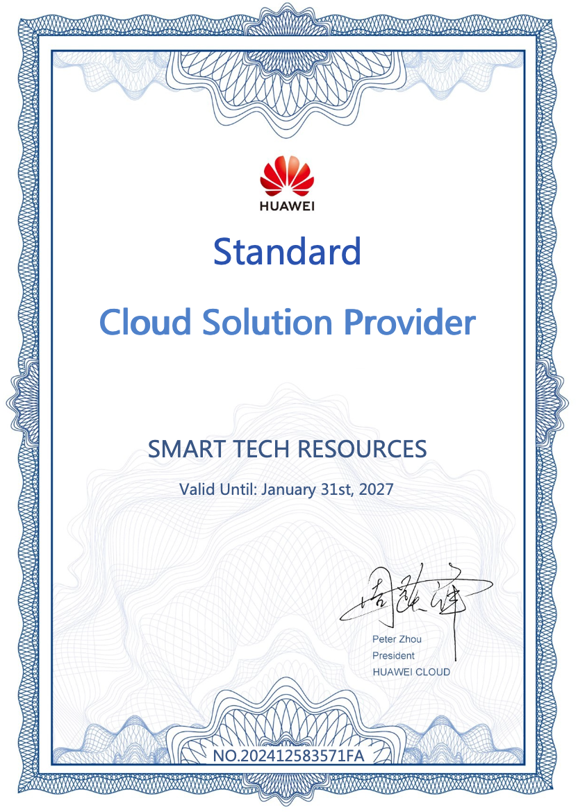 Huawei Cloud Standard Cloud Solution Provider certificate awarded to Smart Tech Resources
